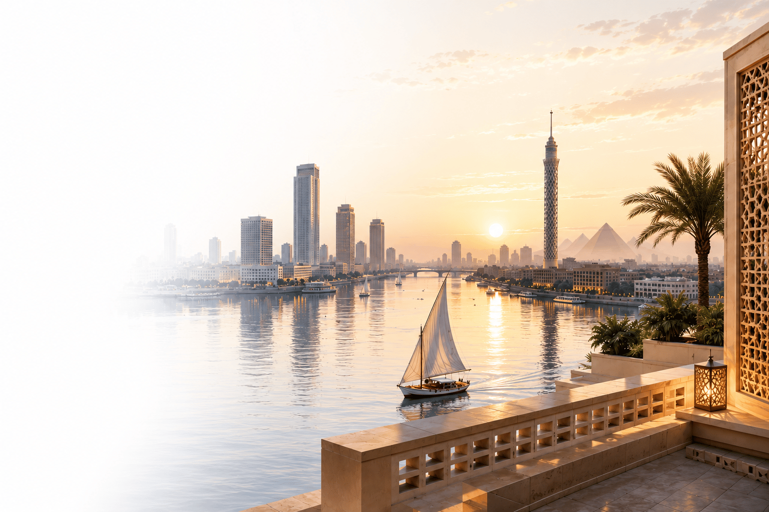A sunlit view across the Nile toward Cairo's skyline and the pyramids.